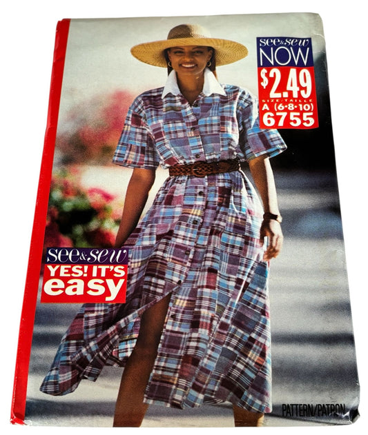 Butterick Sewing Pattern 6755 Summer Dress Button Front Resort Wear Easy 6-10 Uncut Vintage