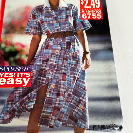 Butterick Sewing Pattern 6755 Summer Dress Button Front Resort Wear Easy 6-10 Uncut Vintage