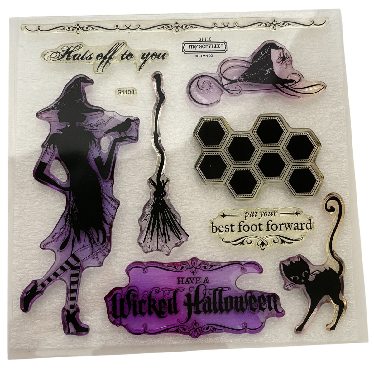 CTMH Acrylic Stamps My Acrylix Wicked Halloween Witch Hat Broomstick Cat S1108 Border Magic