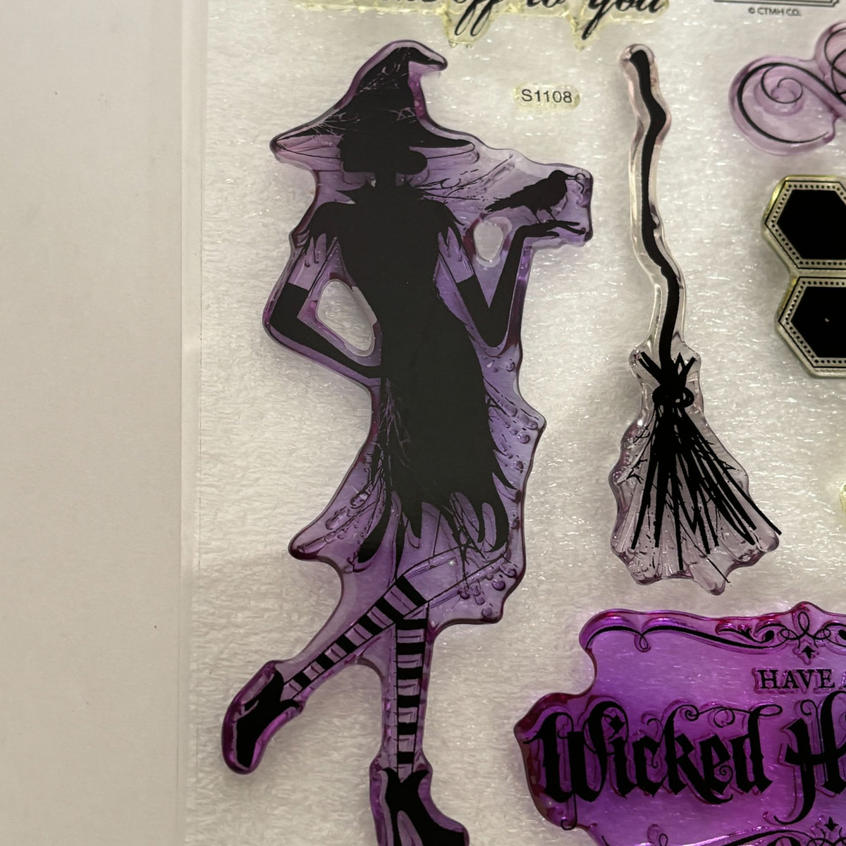 CTMH Acrylic Stamps My Acrylix Wicked Halloween Witch Hat Broomstick Cat S1108 Border Magic