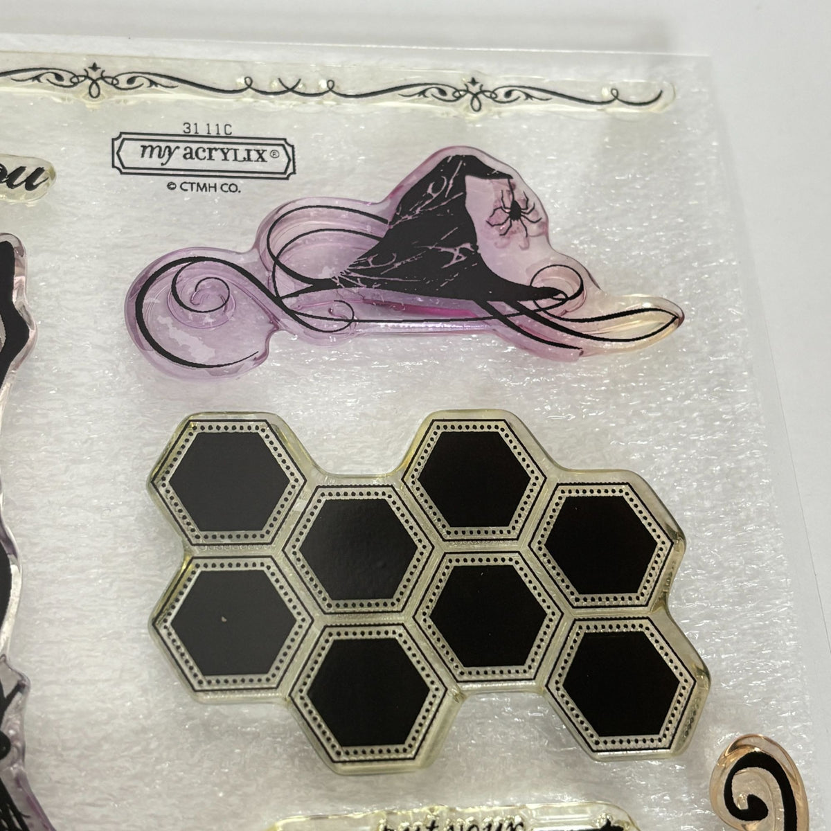 CTMH Acrylic Stamps My Acrylix Wicked Halloween Witch Hat Broomstick Cat S1108 Border Magic