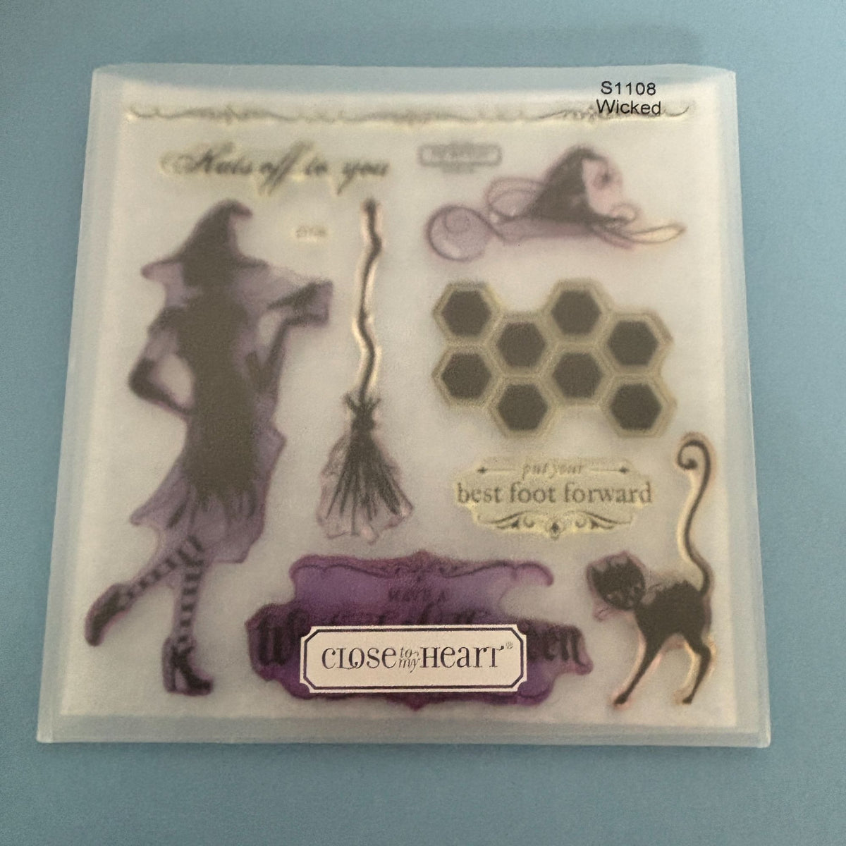 CTMH Acrylic Stamps My Acrylix Wicked Halloween Witch Hat Broomstick Cat S1108 Border Magic