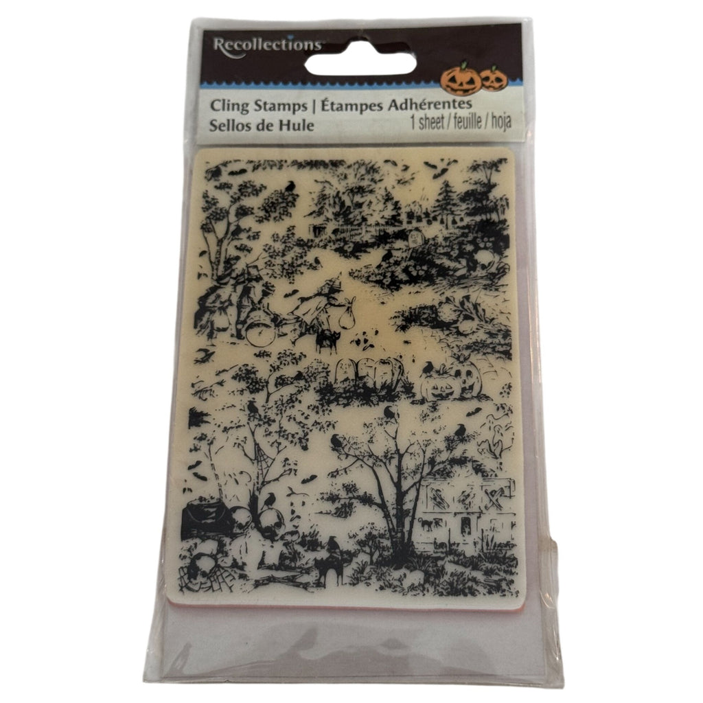 Recollections Cling Stamp Halloween Toile Witch Pumpkin Haunted House Cardmaking Fall Autumn Season Background