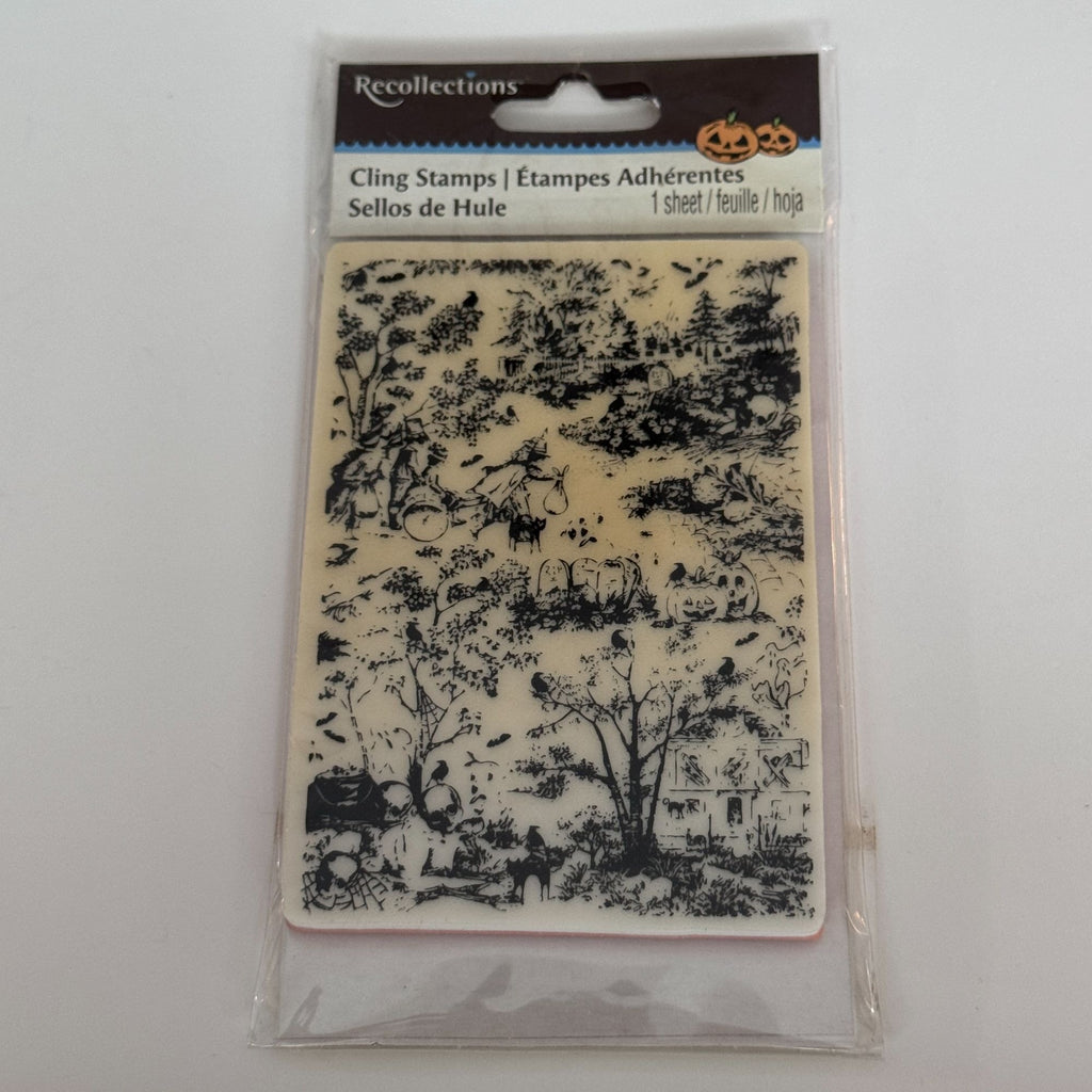 Recollections Cling Stamp Halloween Toile Witch Pumpkin Haunted House Cardmaking Fall Autumn Season Background