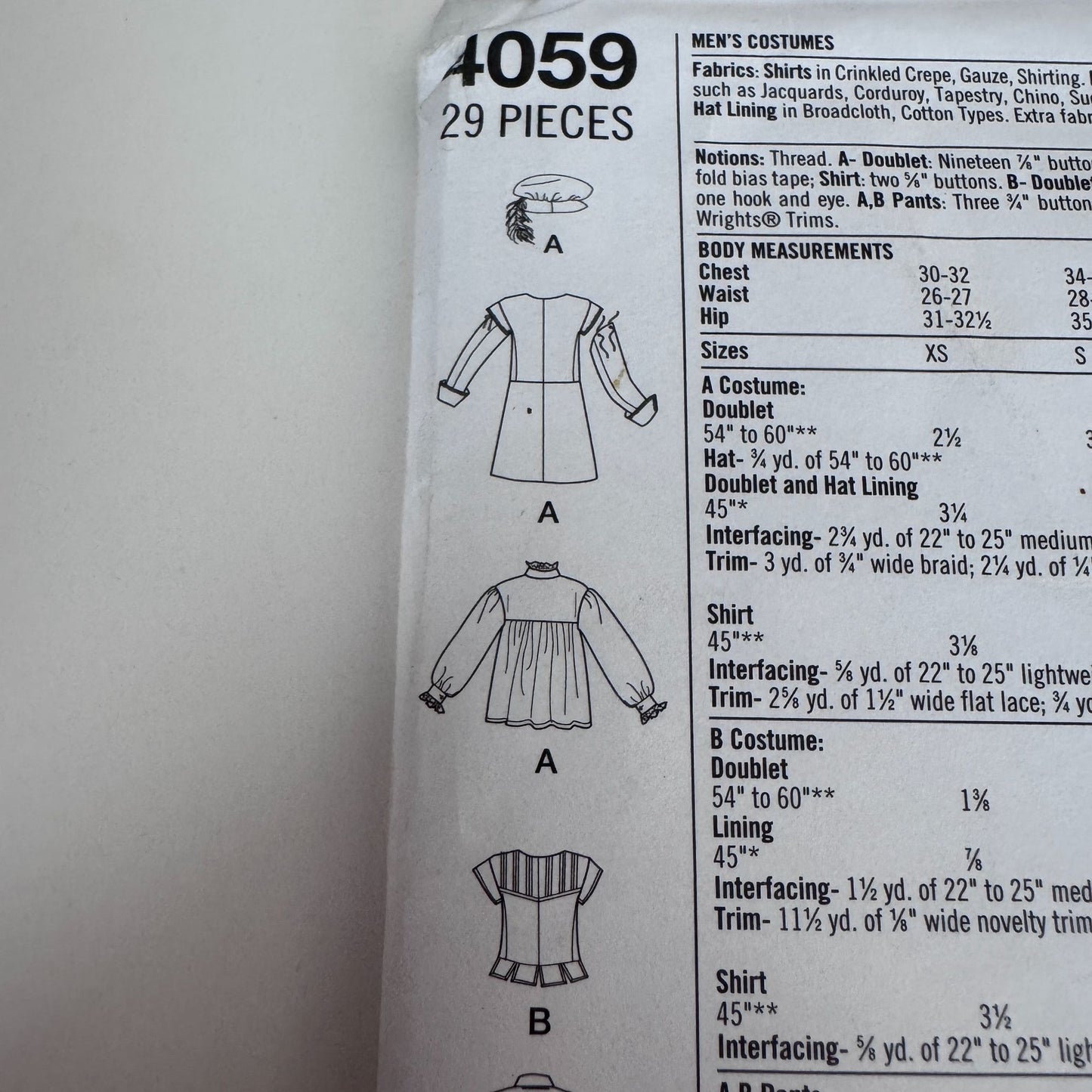 Simplicity Sewing Pattern 4059 Renaissance Mens Costume Doublet Pants XS-XL Uncut