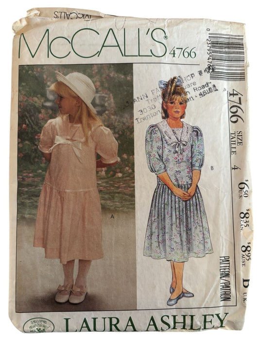 McCalls Sewing Pattern 4766 Laura Ashley Girls Dress Dropped Waistline 4 Vintage
