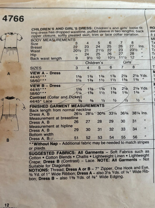McCalls Sewing Pattern 4766 Laura Ashley Girls Dress Dropped Waistline 4 Vintage