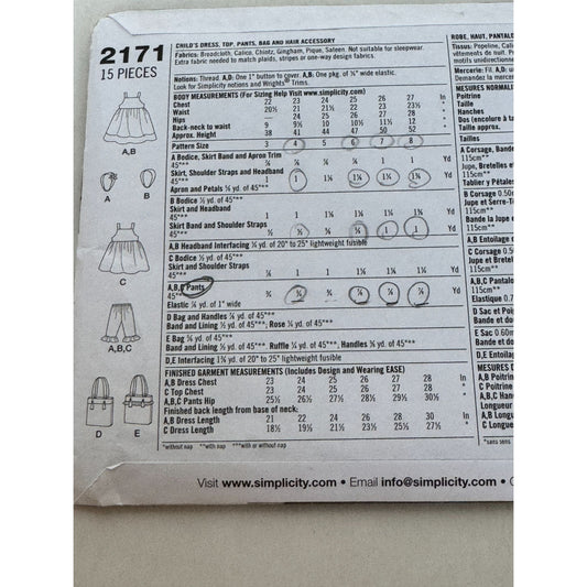 Simplicity Sewing Pattern 2171 Girls Spring Dress Top Pants Easter Bag 3-8 Uncut
