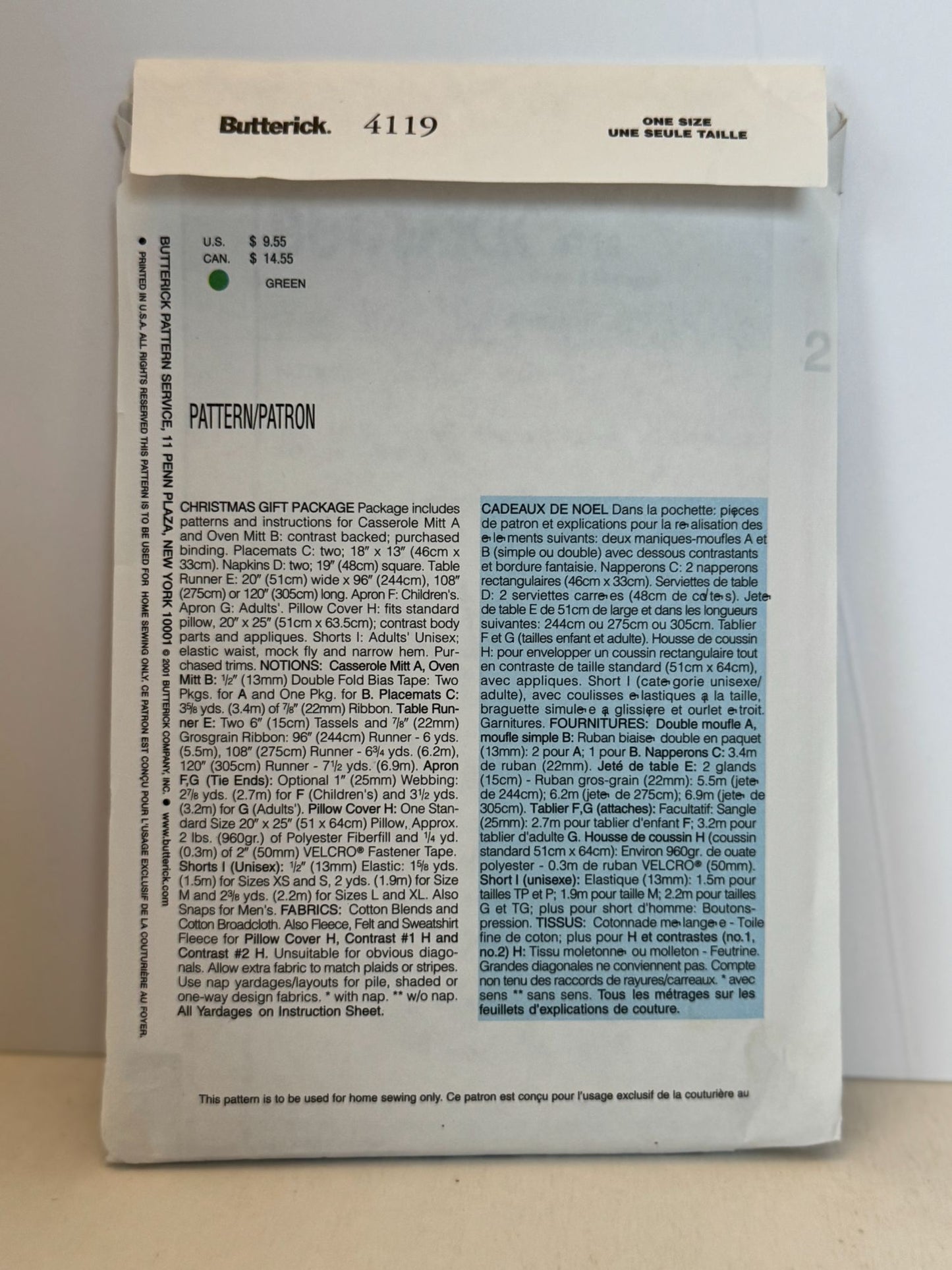 Butterick Sewing Pattern 4119 Family Christmas Apron Kids Adult Table Decor UC