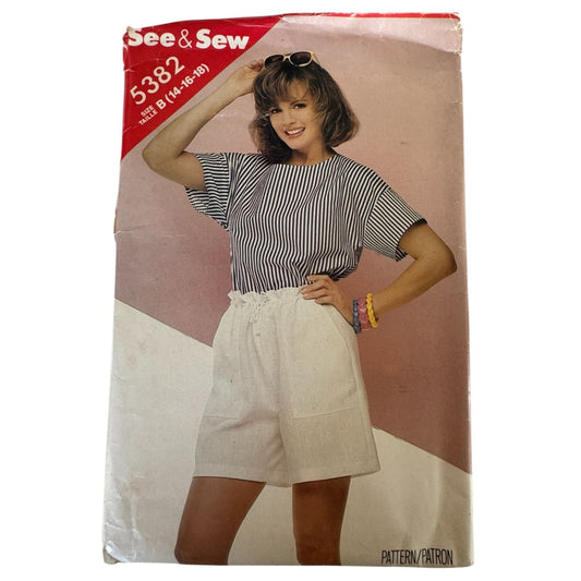 Vintage 80s Paperbag Waist Shorts Sewing Pattern Butterick 5382 Boxy Drop Shoulder Top High Waist Shorts Casual Resort Wear 14-18