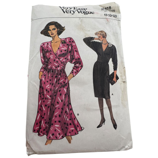 Vogue Sewing Pattern 9458 Dress Straight or Flared Pockets 1980s 8 10 12 Uncut