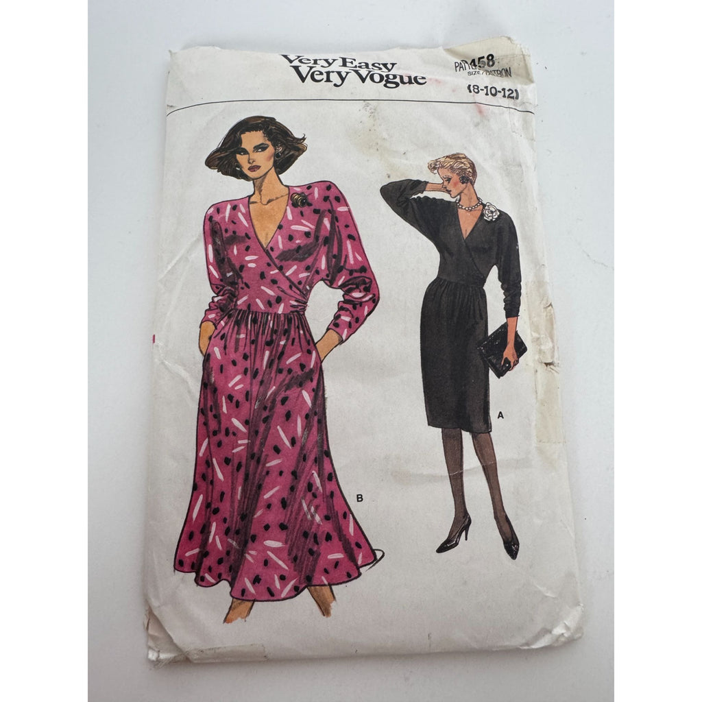 Vogue Sewing Pattern 9458 Dress Straight or Flared Pockets 1980s 8 10 12 Uncut