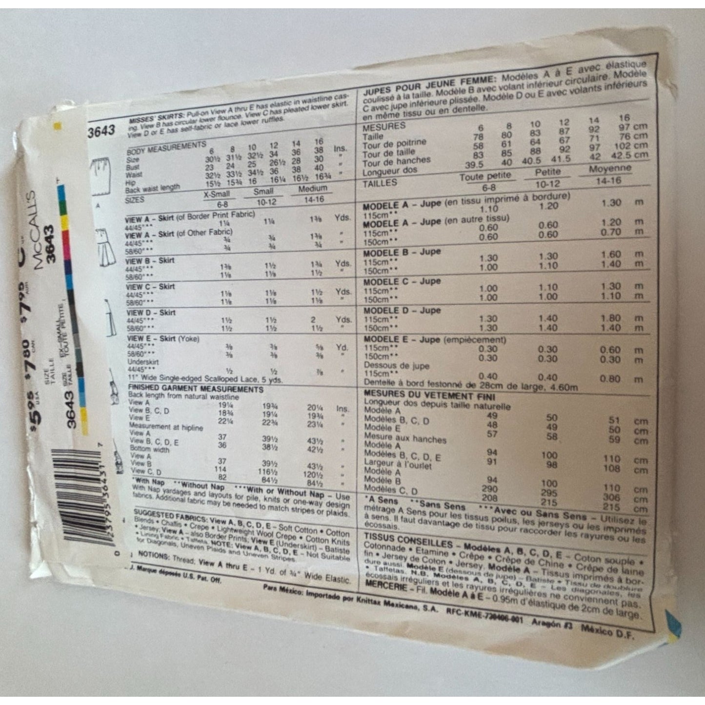 McCalls Sewing Pattern 3643 Misses Skirt Size 6 8 XS 1980s Style Vintage Uncut