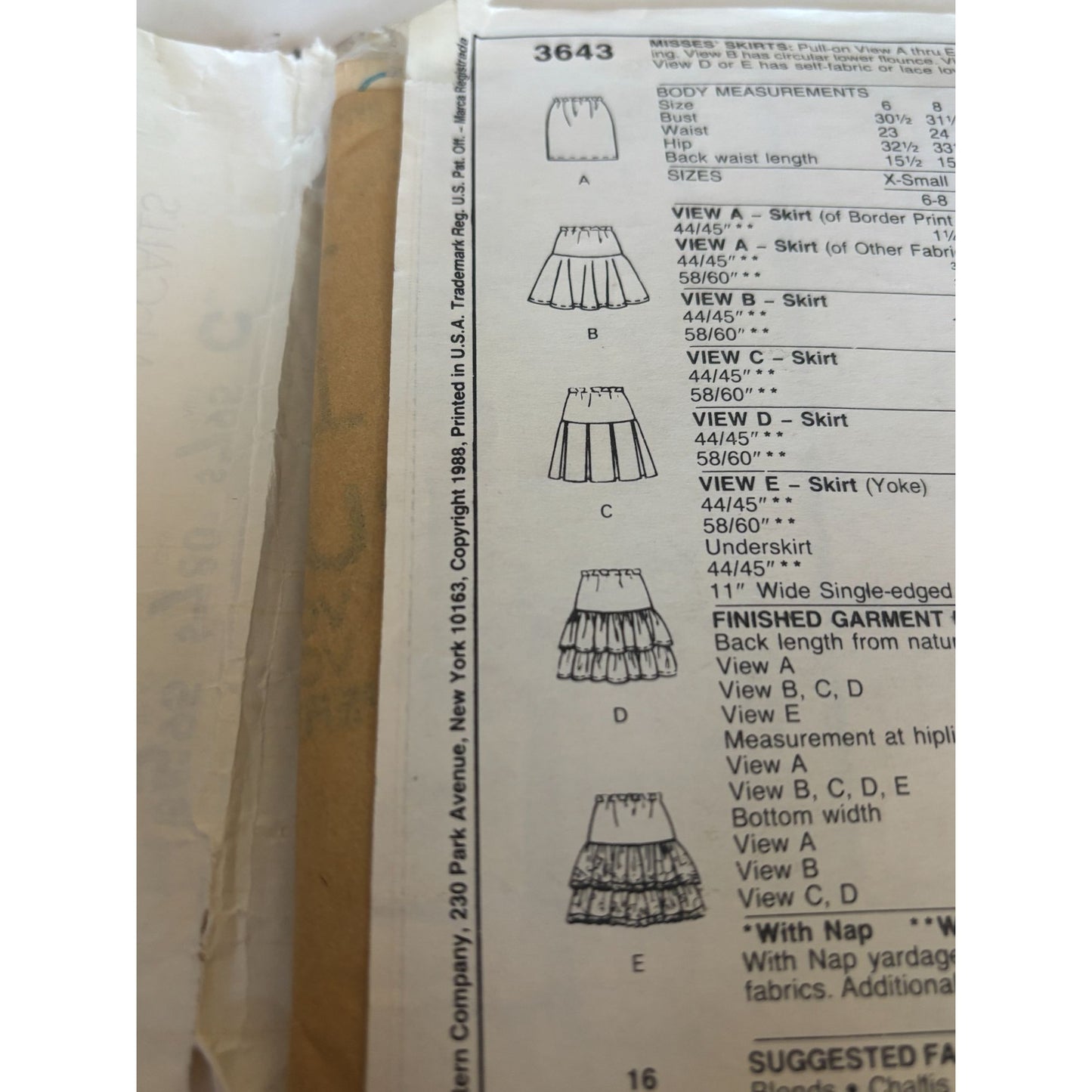 McCalls Sewing Pattern 3643 Misses Skirt Size 6 8 XS 1980s Style Vintage Uncut