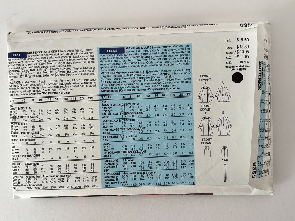 Butterick Sewing Pattern 6355: Misses' Coat and Skirt