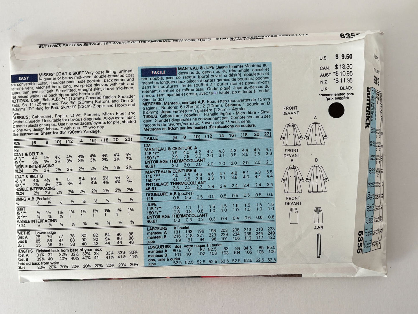 Butterick Sewing Pattern 6355: Misses' Coat and Skirt
