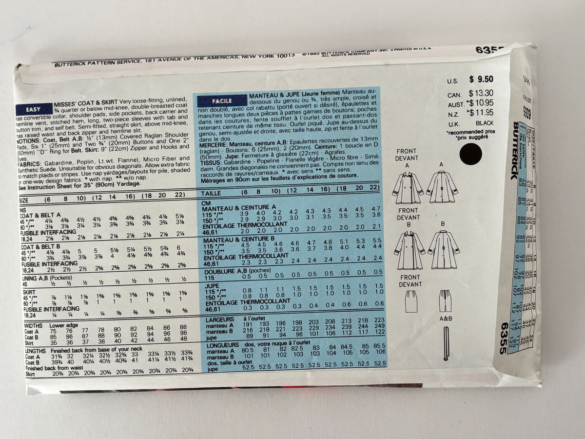 Butterick Sewing Pattern 6355: Misses' Coat and Skirt