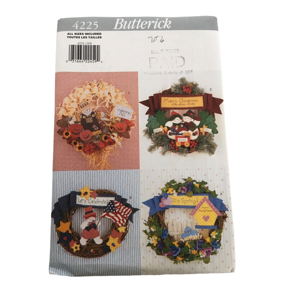 Butterick Sewing Pattern 4225 No-Sew Four Seasonal Wreaths Fall Christmas Uncut