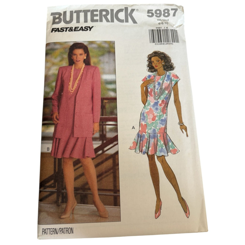 Butterick Sewing Pattern 5987 Jacket Dress Hemline Flounce Cap Sleeves 6 8 10 UC