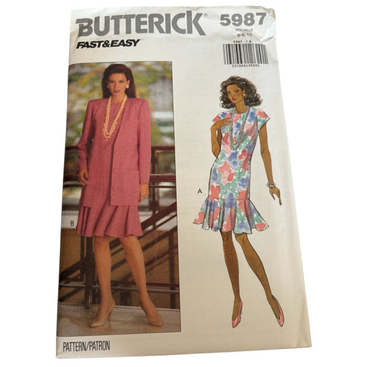 Butterick Sewing Pattern 5987 Jacket Dress Hemline Flounce Cap Sleeves 6 8 10 UC