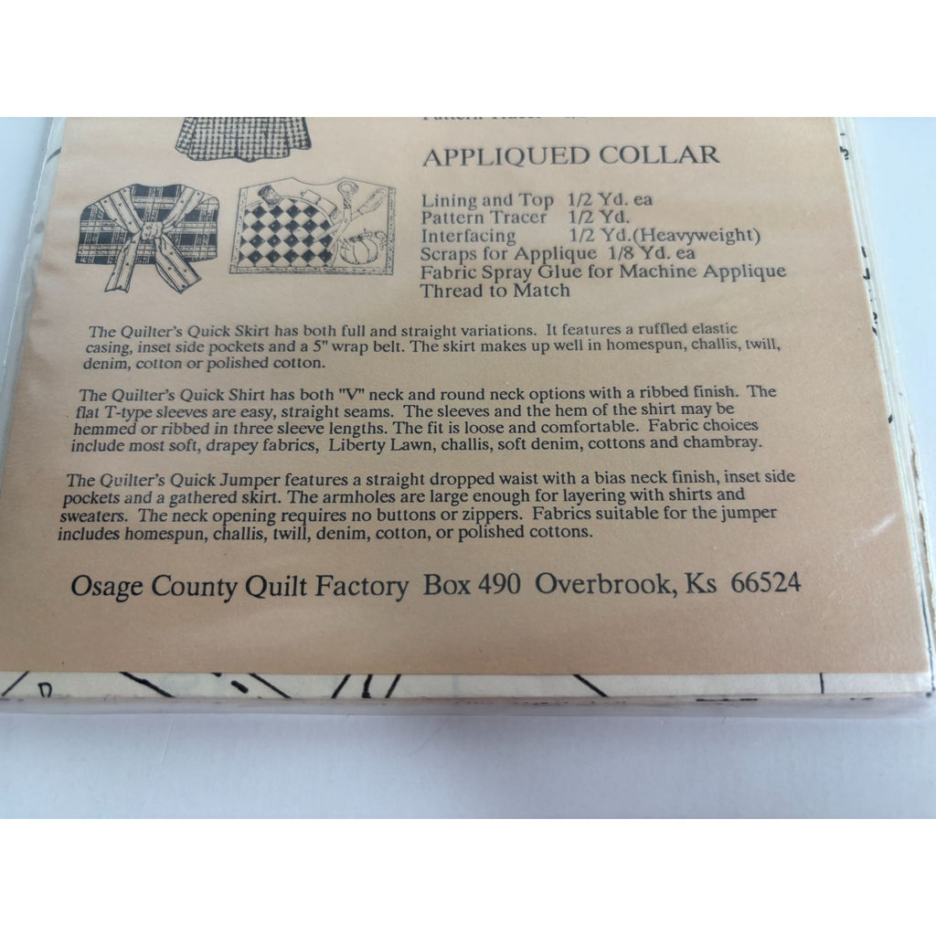 Osage County Quilt Factory Sewing Pattern Quilters Quick Clothes Shirt Jumper UC