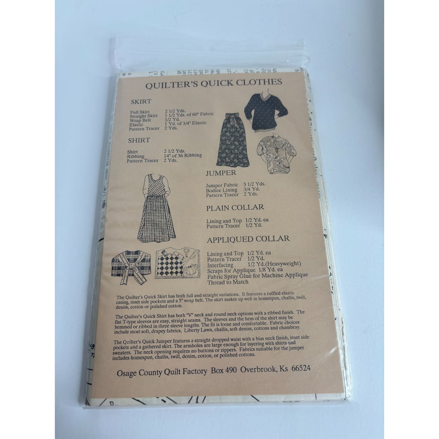Osage County Quilt Factory Sewing Pattern Quilters Quick Clothes Shirt Jumper UC