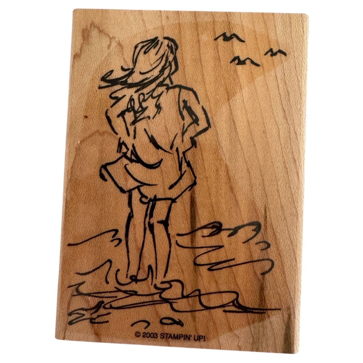 Stampin Up Rubber Wood Girl Beach Scene Seagulls Ocean Sketch Drawing Cardmaking