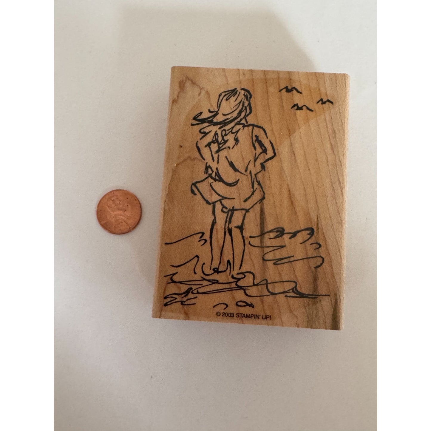 Stampin Up Rubber Wood Girl Beach Scene Seagulls Ocean Sketch Drawing Cardmaking