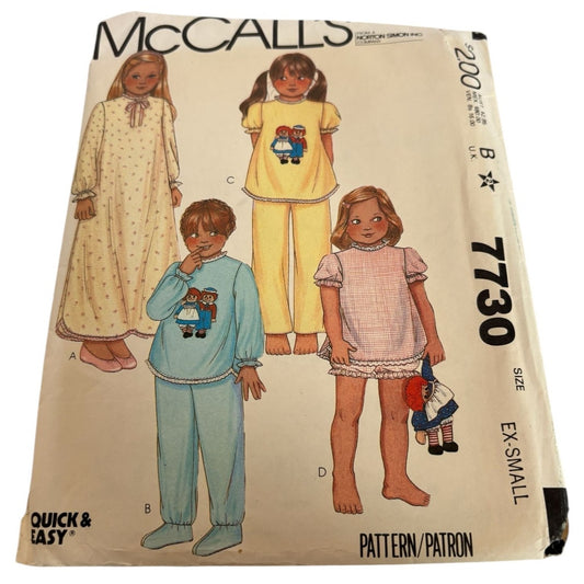 McCalls Sewing Pattern 7730 Girls Nightgown Pajamas XS Vintage 2 4 Uncut Easy
