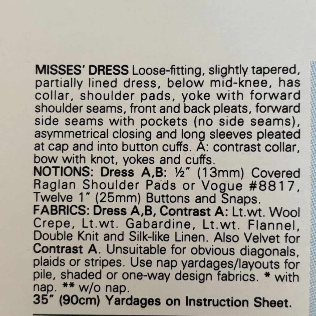 Vogue Sewing Pattern 2357 Nipon Boutique Dress 80s Secretary Office Career 10 Uncut Power Dressing
