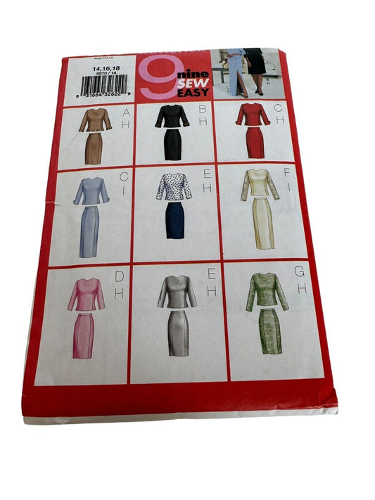 Butterick Sewing Pattern 6870 Nine Sew Easy Shirt Top and Skirt Easy 14 16 18 UC