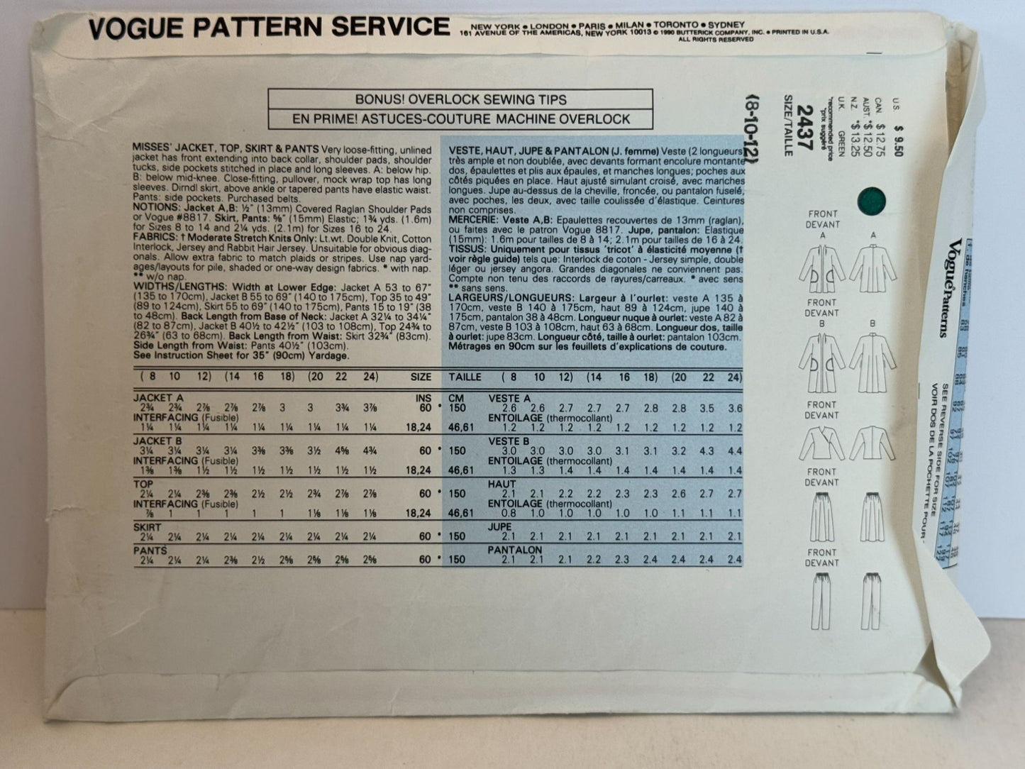 Vogue Sewing Pattern 2437 5 Easy Pieces Jacket Top Skirt Pants Outfit UC 8 10 12