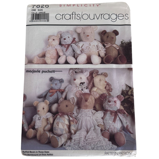 Simplicity Sewing Pattern 7826 Teddy Bear Stuffed Memory Bears 1980s Vintage Uncut Marjorie Puckett