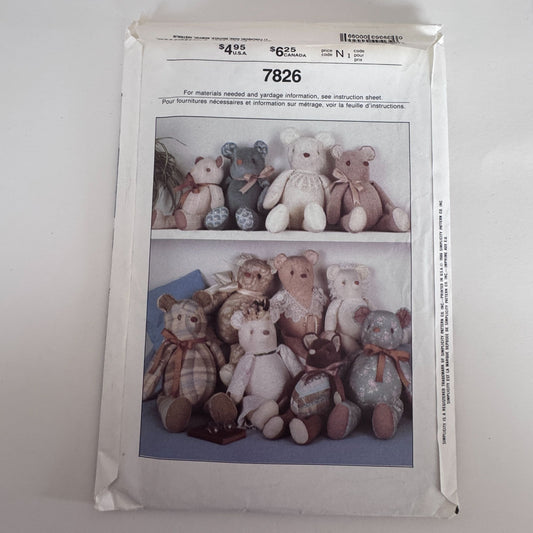 Simplicity Sewing Pattern 7826 Teddy Bear Stuffed Memory Bears 1980s Vintage Uncut Marjorie Puckett