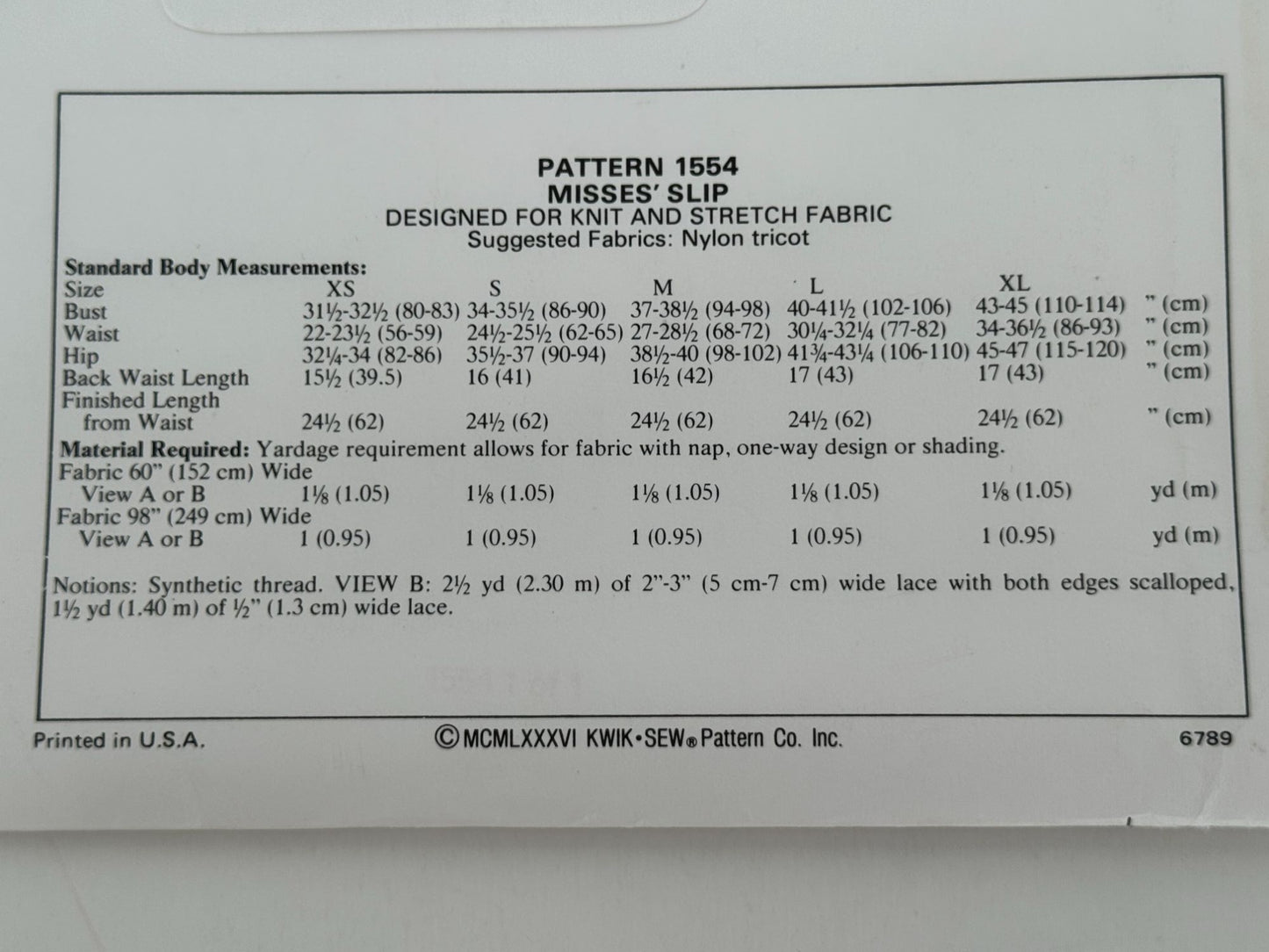 Kwik Sew Sewing Pattern 1554 Full Slip Lace Trim Spaghetti Straps XS-XL Vintage