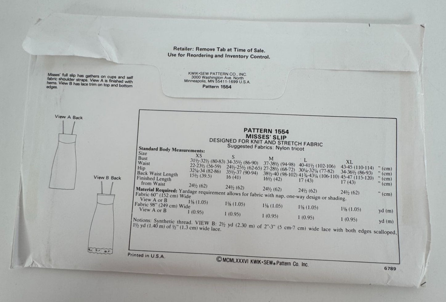 Kwik Sew Sewing Pattern 1554 Full Slip Lace Trim Spaghetti Straps XS-XL Vintage