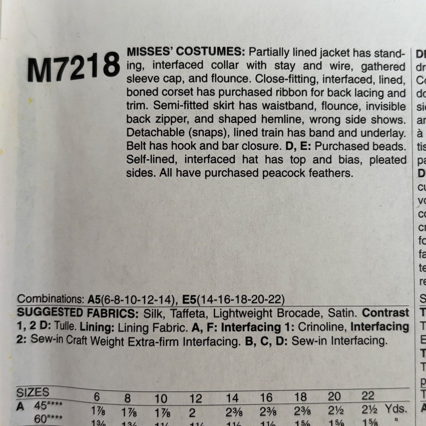 McCalls Sewing Pattern M7218 Peacock Costume Corset Skirt Gown 14-22 Yaya Han Uncut