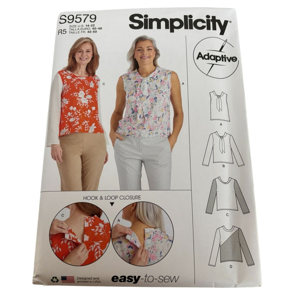 Simplicity Sewing Pattern S9579 Adaptive Top Shirt Blouse Easy Work Career 14-22
