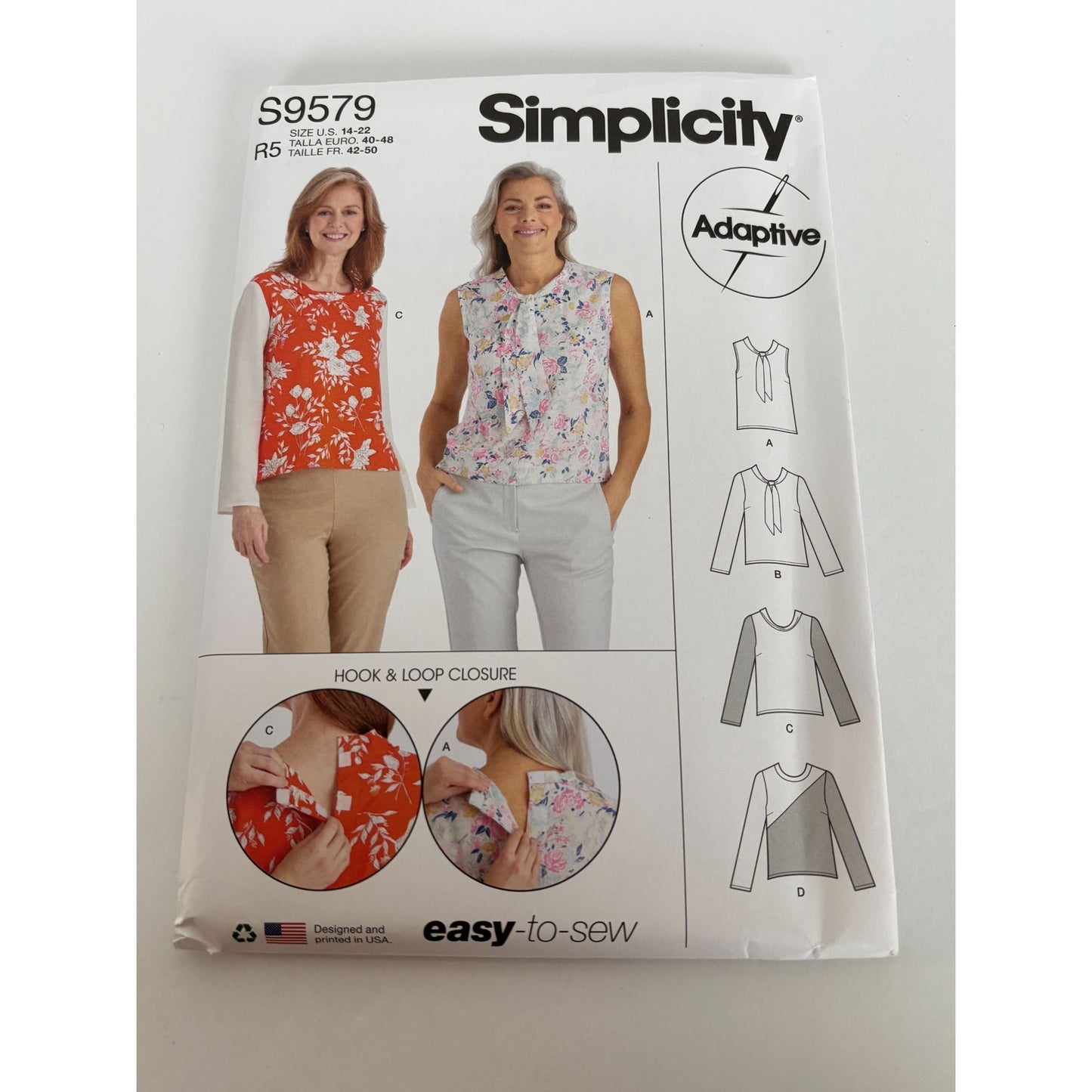 Simplicity Sewing Pattern S9579 Adaptive Top Shirt Blouse Easy Work Career 14-22
