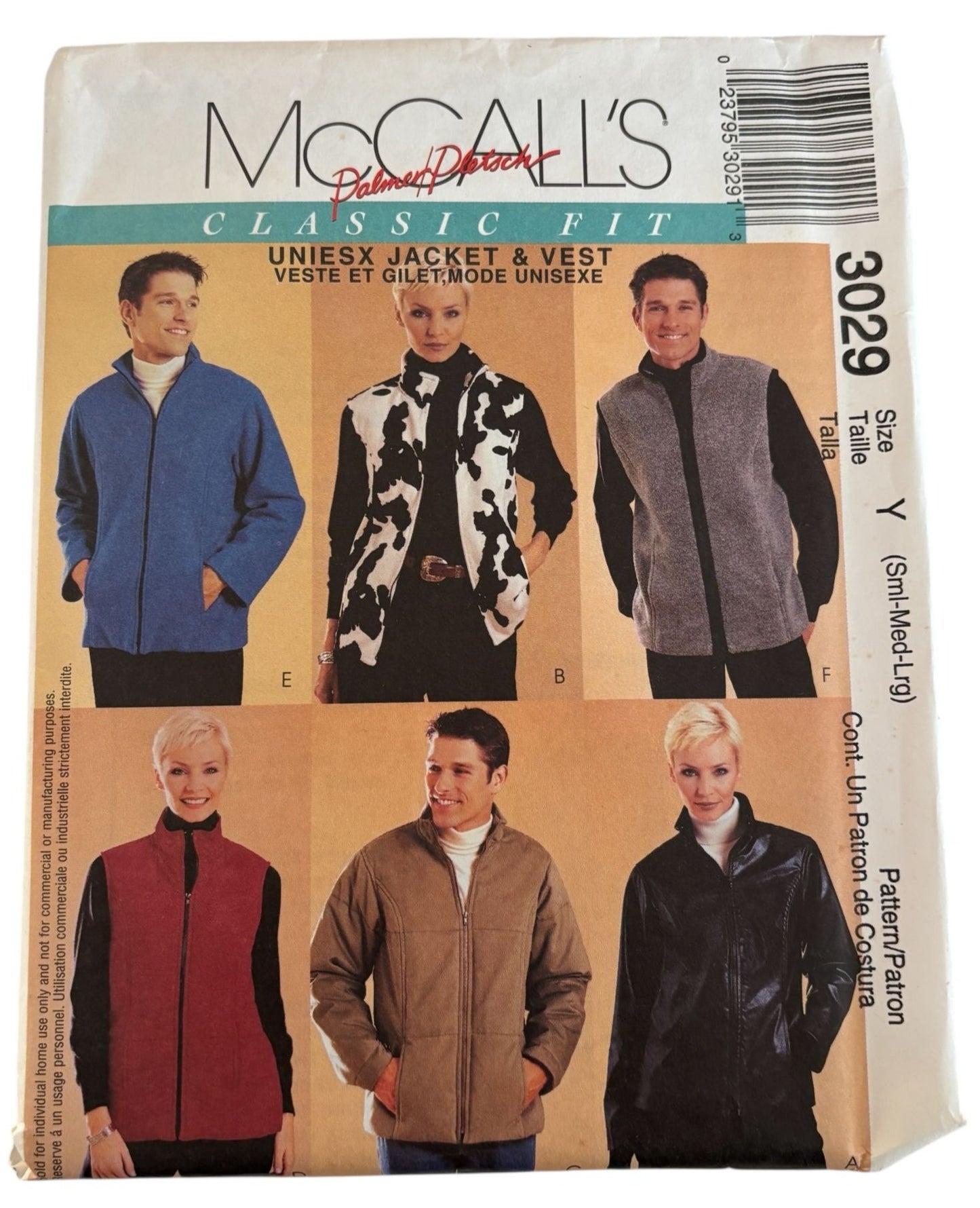 McCalls Sewing Pattern 3029 Unisex Jacket Fleece Vest Winter Classic Fit S M L