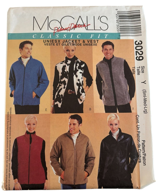 McCalls Sewing Pattern 3029 Unisex Jacket Fleece Vest Winter Classic Fit S M L