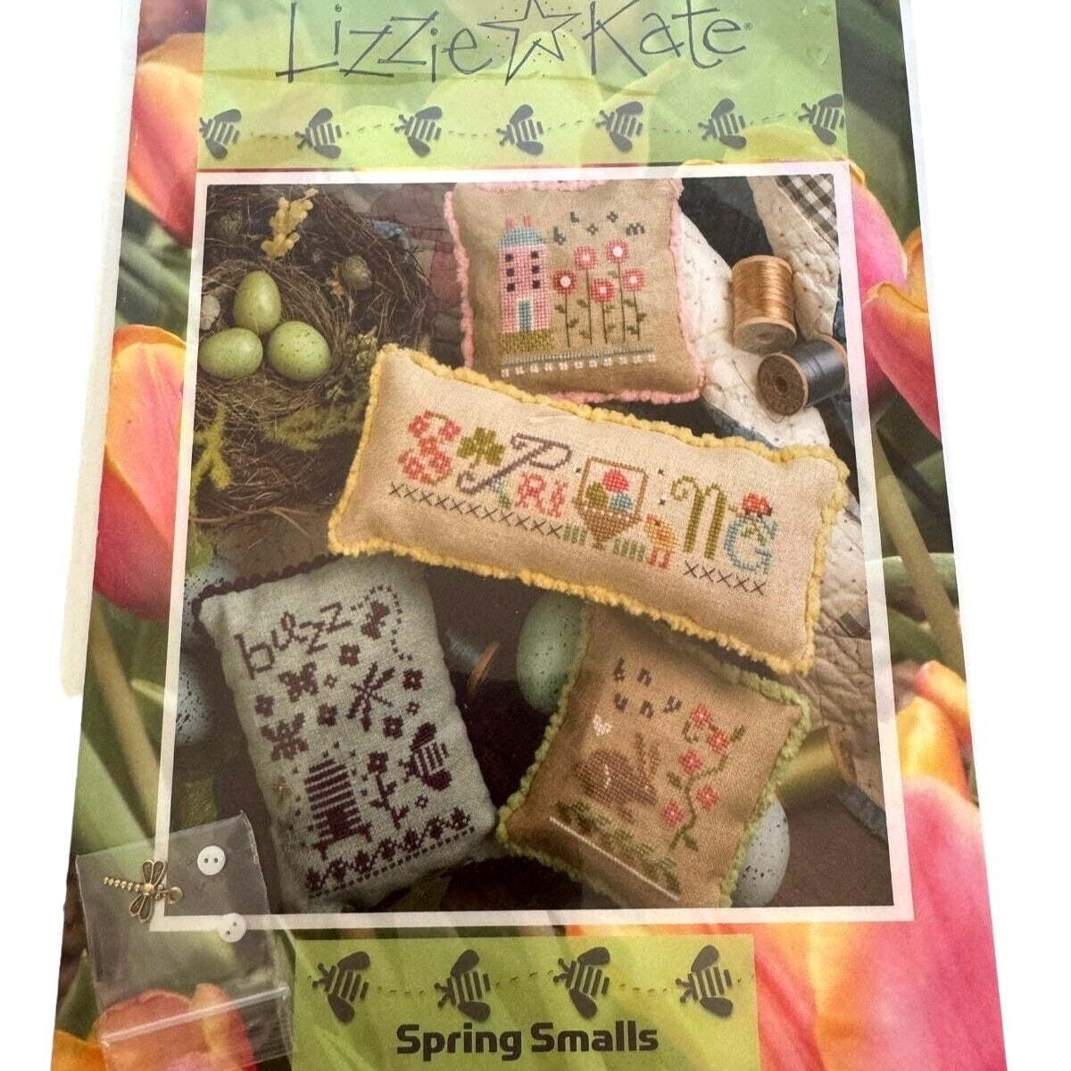 Lizzie Kate Cross Stitch Pattern Spring Smalls Charms Bee Dragonfly Pillow Chart