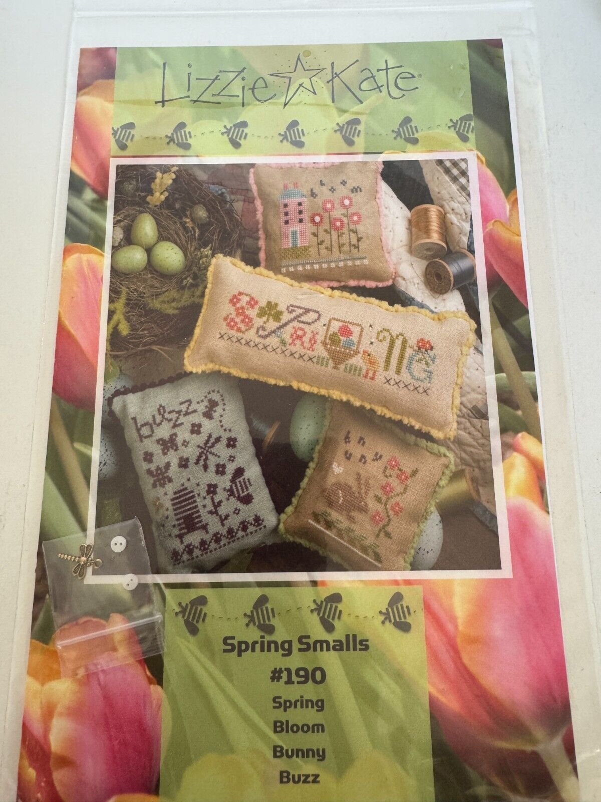Lizzie Kate Cross Stitch Pattern Spring Smalls Charms Bee Dragonfly Pillow Chart
