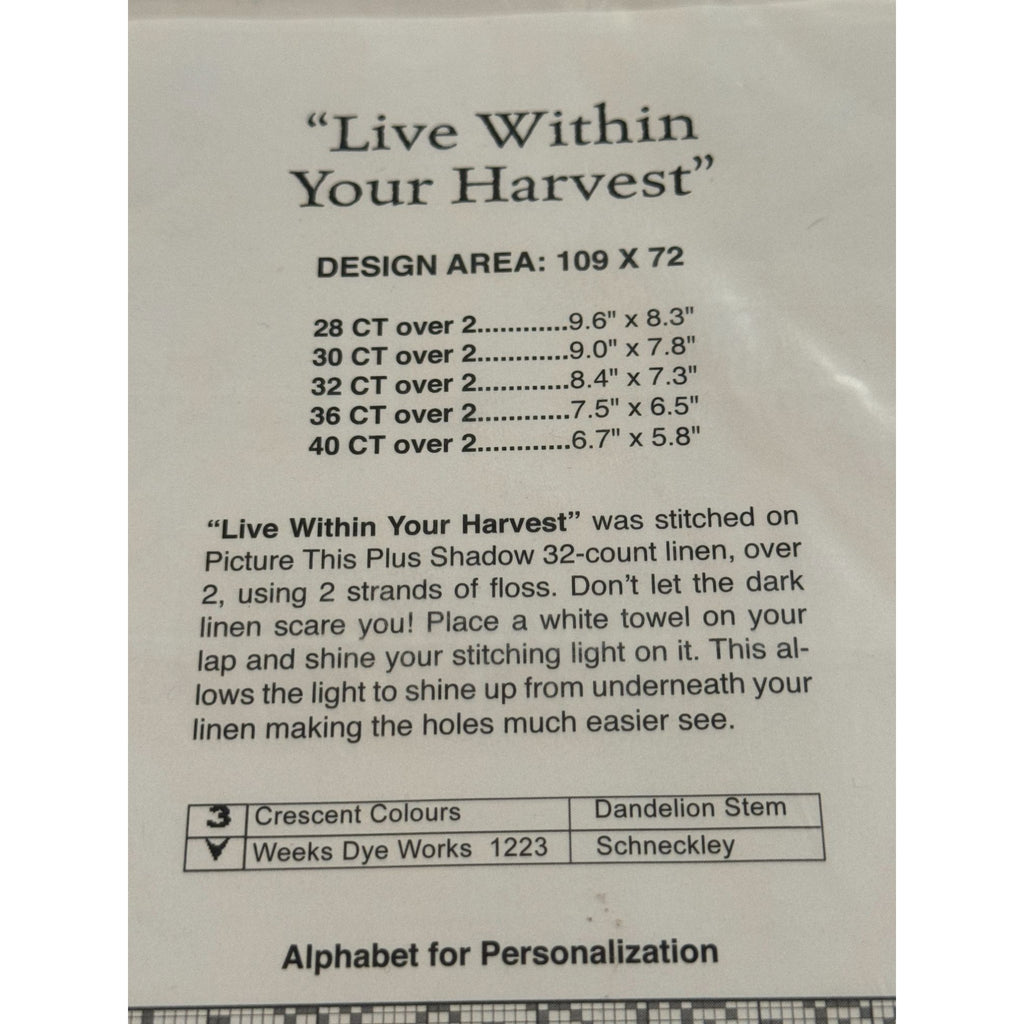 Silver Creek Samplers Counted Cross Stitch Pattern Live Within Your Harvest