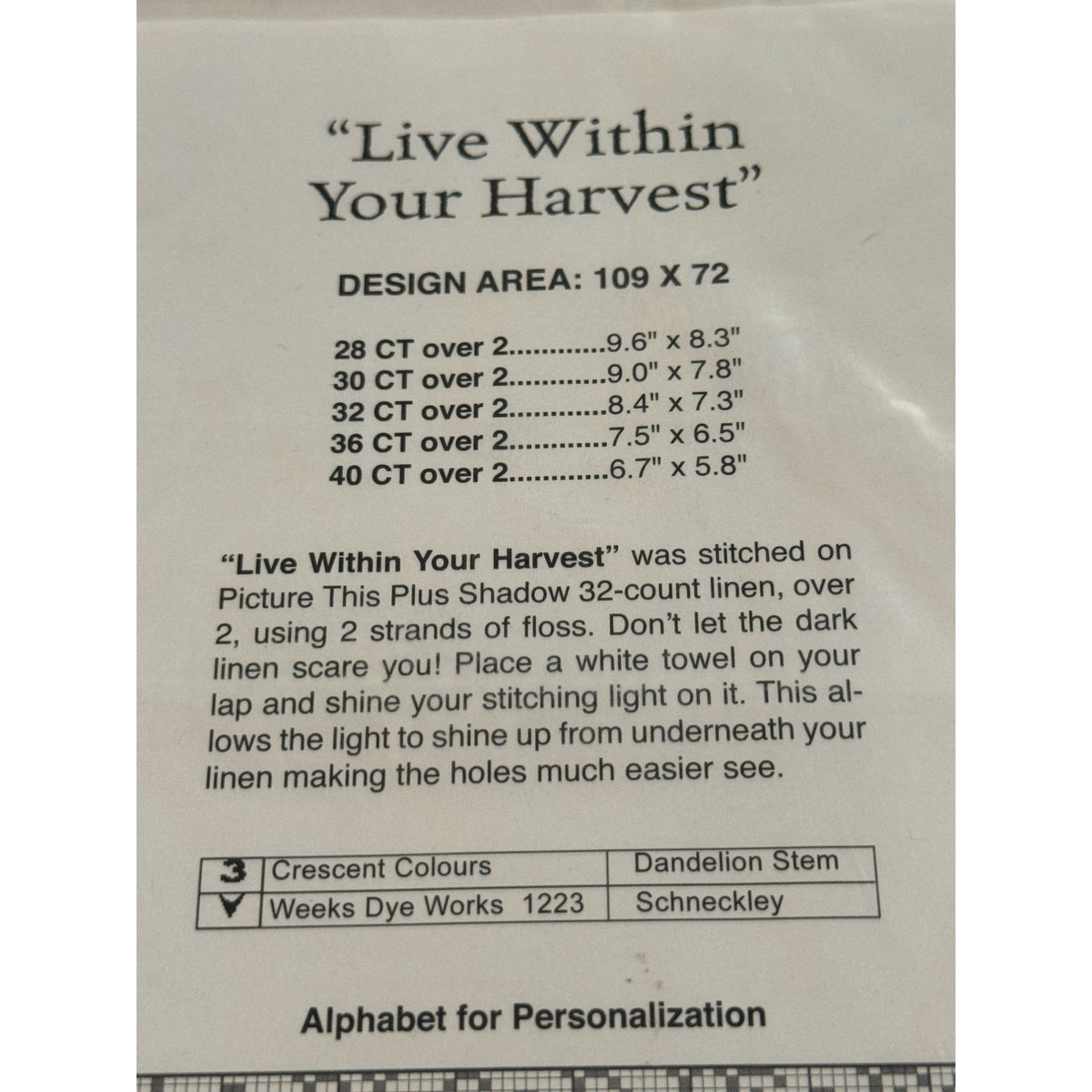 Silver Creek Samplers Counted Cross Stitch Pattern Live Within Your Harvest