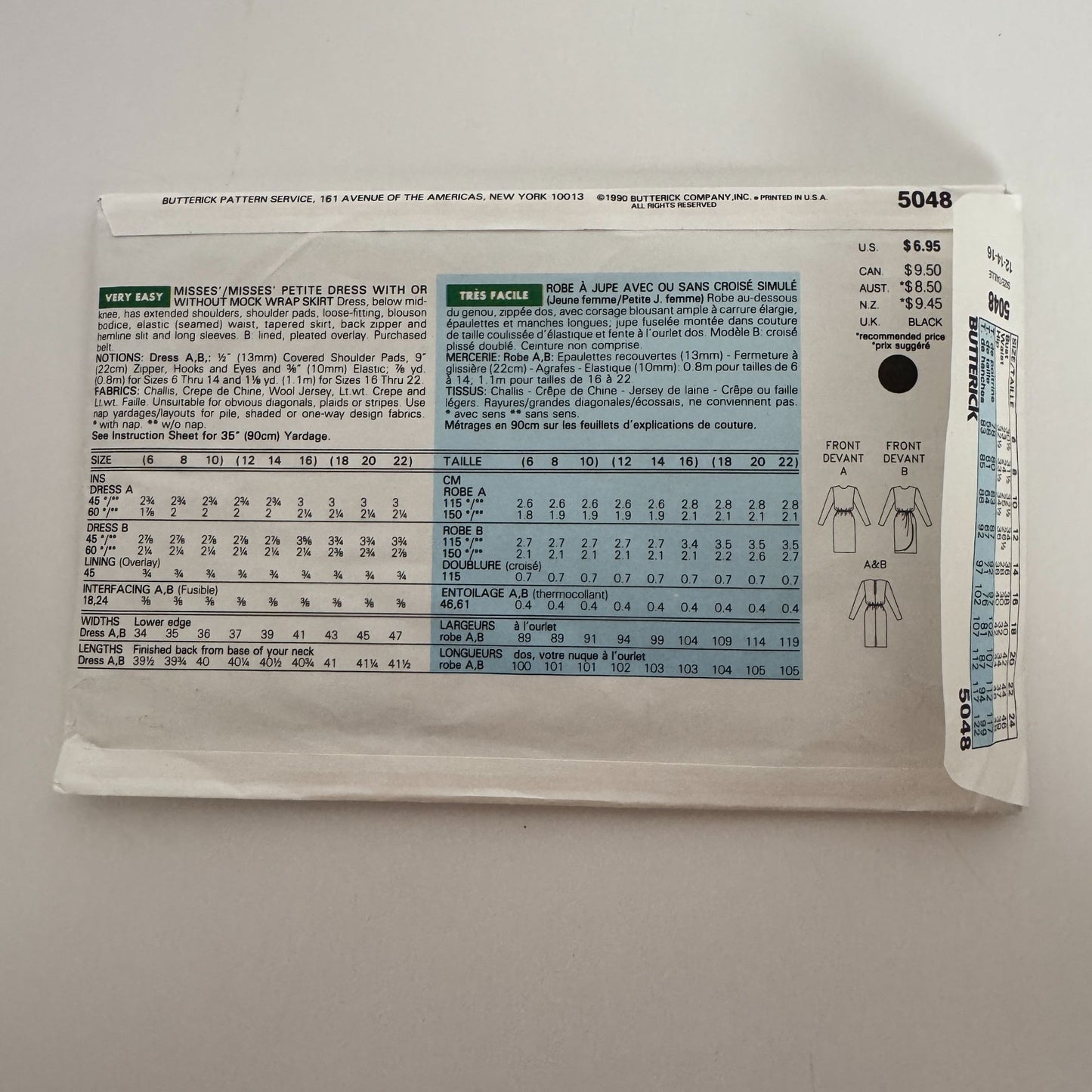 Butterick Sewing Pattern 5048 Dress with Mock Wrap Skirt Work Size 12-16 Easy UC