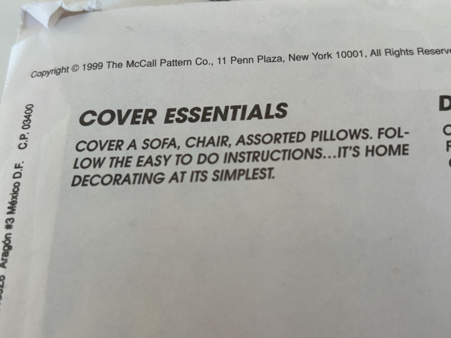 McCalls Sewing Pattern 2161 Home Decorating Sofa Couch Slipcovers Chair Cover UC