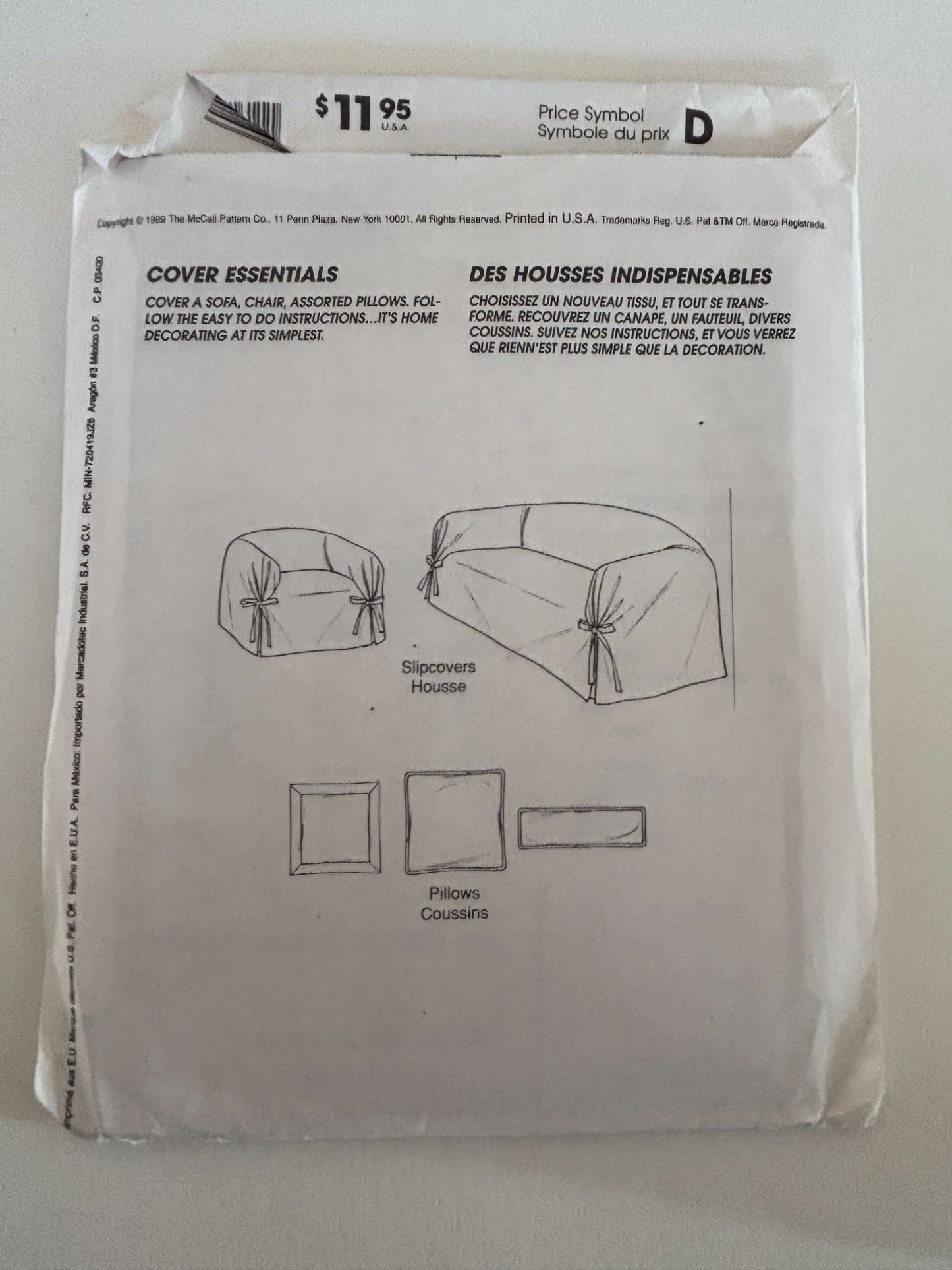 McCalls Sewing Pattern 2161 Home Decorating Sofa Couch Slipcovers Chair Cover UC