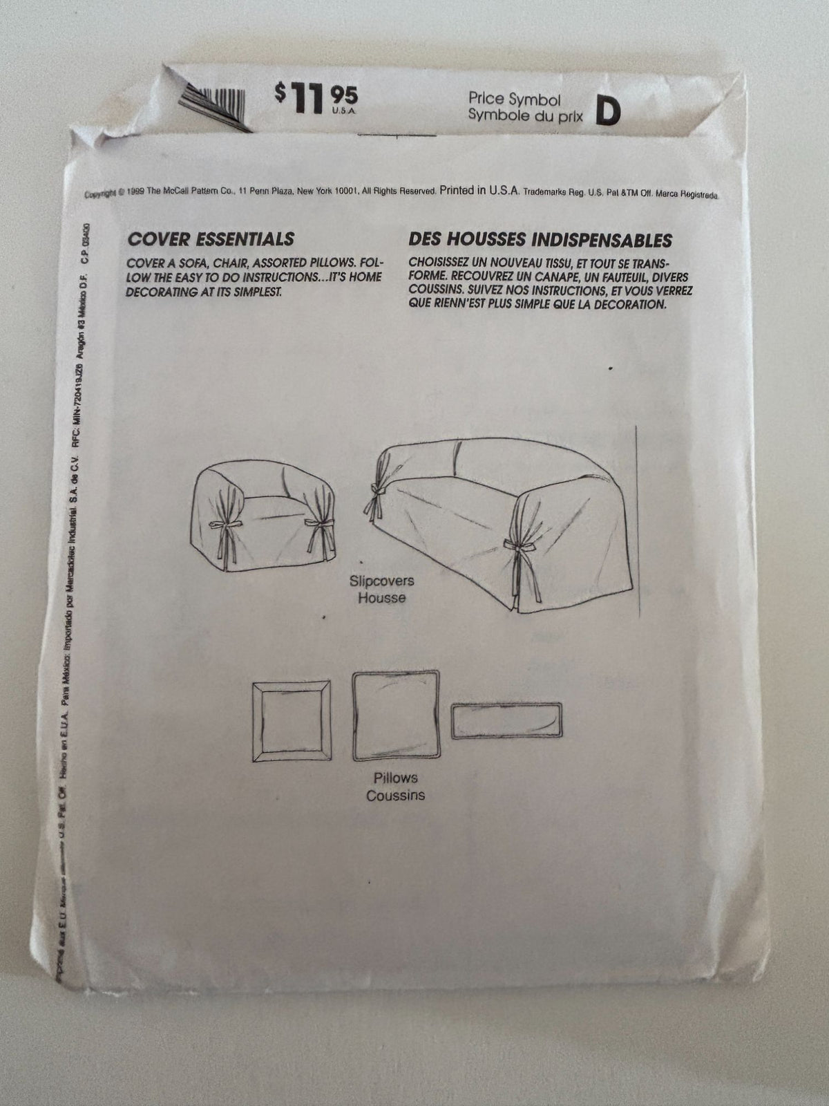 McCalls Sewing Pattern 2161 Home Decorating Sofa Couch Slipcovers Chair Cover UC