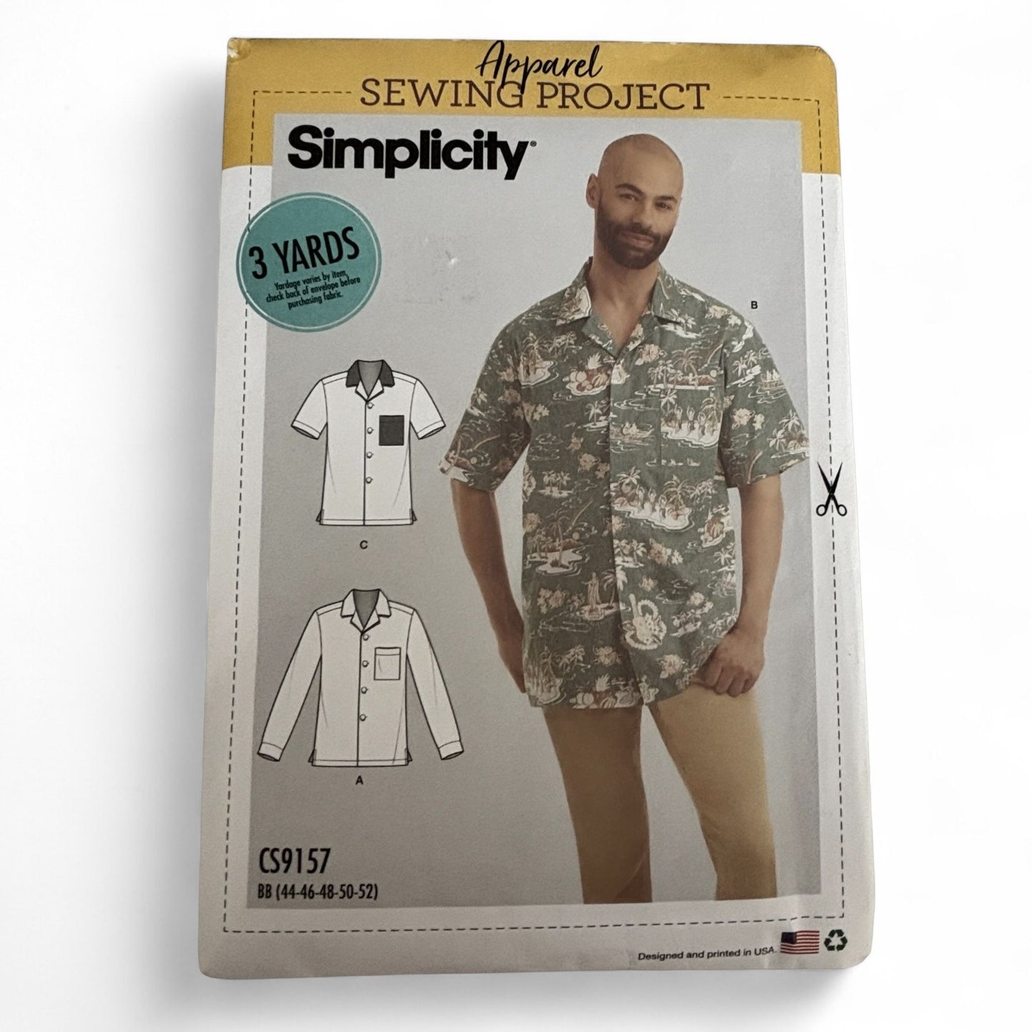 Simplicity CS9157 Mens Shirt Sewing Pattern 44-52 Open Collar Long/Short Sleeves Contrast Variation